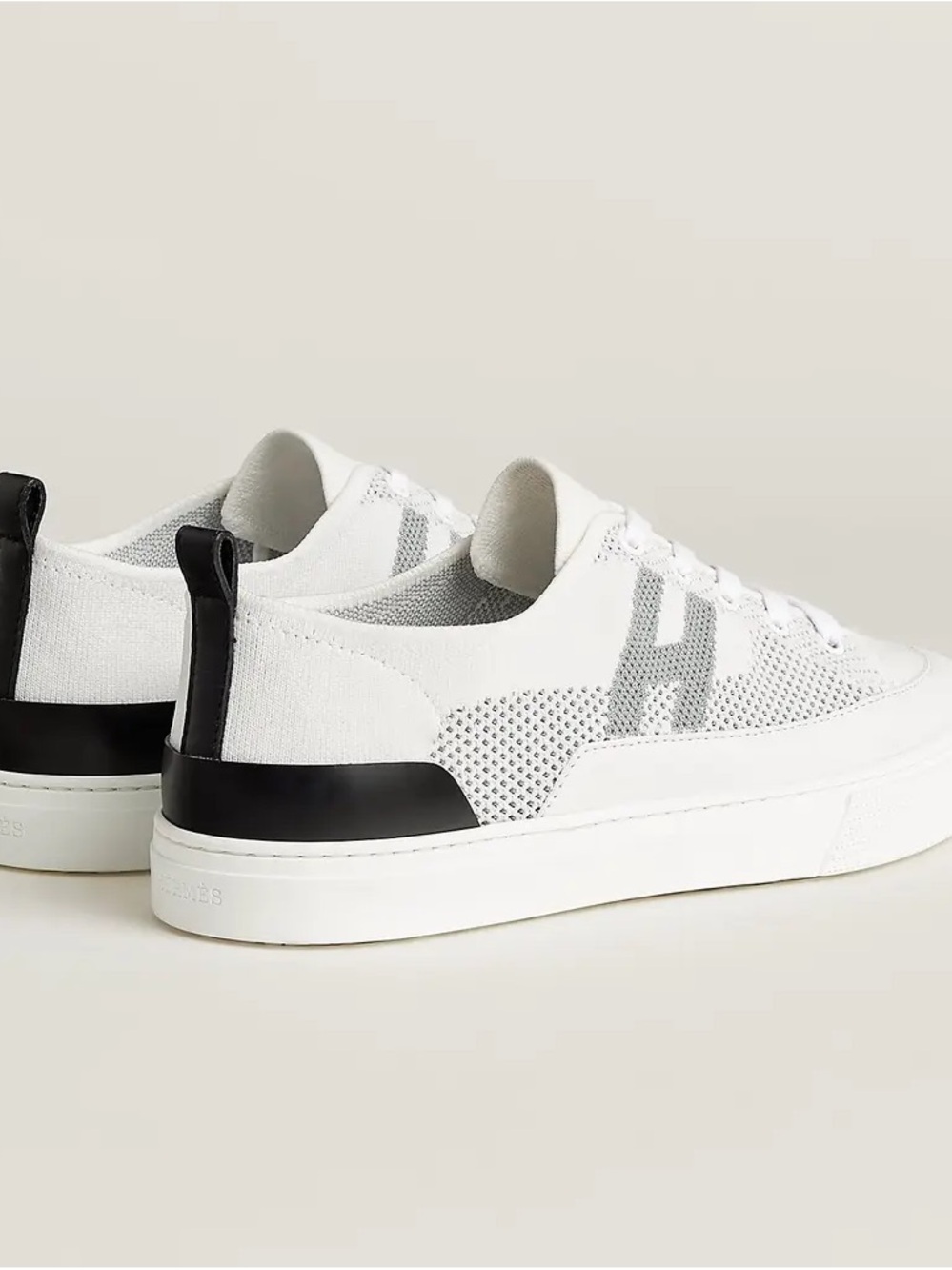Hermes White Knit Low-Top Sneakers with Black Heel Tab Women 37 - Picture 4 of 13